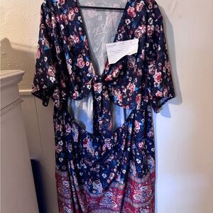 SHEIN Floral Midi Dress - Navy and Red